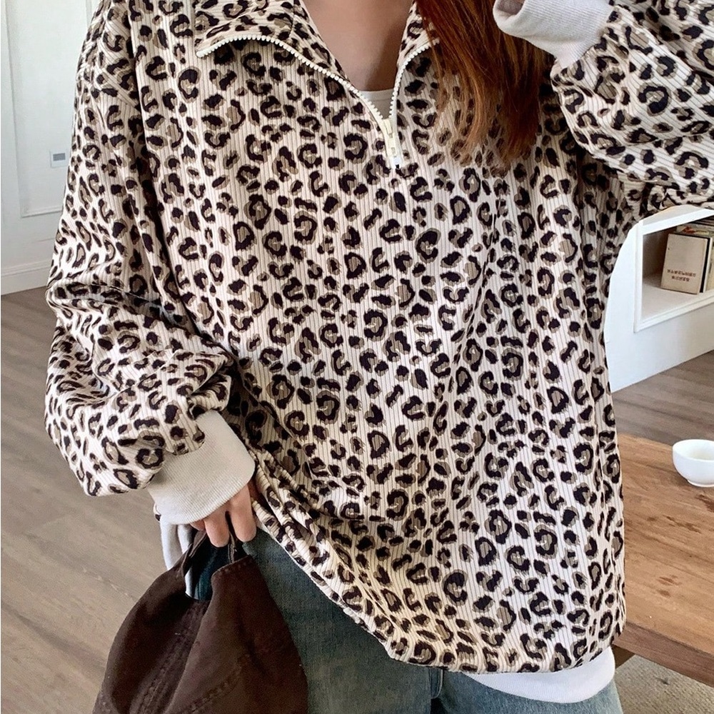 Leopard Print Quarter-Zip Pullover
